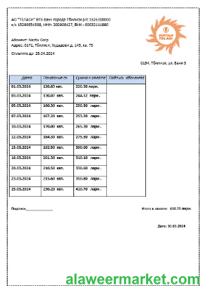Georgia Telasi business utility bill template in Word and PDF formats, fully editable1